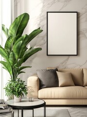 Living room mockup with a framed picture, a monstera plant, and a velvet carpet in a contemporary style