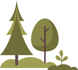 Cartoon evergreen and deciduous trees with bushes, symbolizing diverse flora.