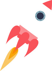 A stylized rocket ship launching with flames and a porthole, symbolizing innovation and exploration.