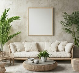 The white living room with a cozy sofa, coffee table, and plants is an interior design 3D render in a minimalist style