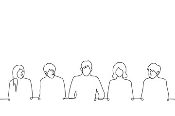 press conference with people in suits sitting at a long table on one side - one line art vector. concept officials, businessmen and businesswomen