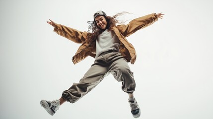 A young woman jumps joyfully in casual clothes with a hat on a light background during a bright day of outdoor fun