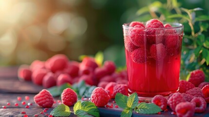 Delicious tasty juice drink with raspberry fruit