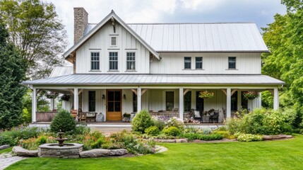 White Farmhouse with a Large Porch and a Well-Maintained Lawn