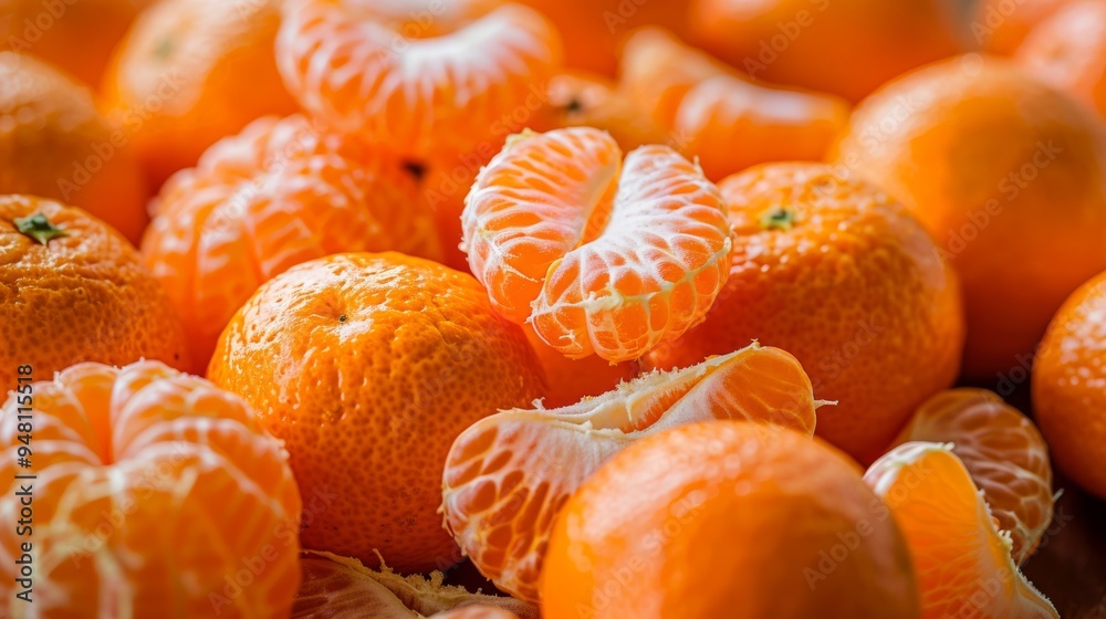 Poster a backdrop of whole tangerines and a few scattered tangerine slices, showcasing their rich orange to