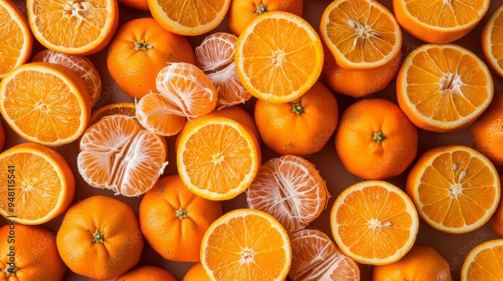 Poster a background filled with whole tangerines and tangerine slices arranged neatly, showcasing their bri
