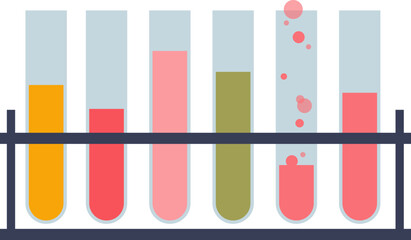 A rack of test tubes with various colorful liquids, symbolizing scientific research or experiments. © VectorMine