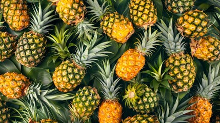 Fototapeta premium A background filled with a repeated pineapple motif in various stages of ripeness, from green to golden, creating a lively and tropical atmosphere.