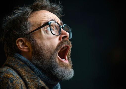A man with glasses and a beard looking upwards with an expression of surprise or awe, Ideal for use in articles, blogs, or advertisements conveying shock, surprise, or discovery,