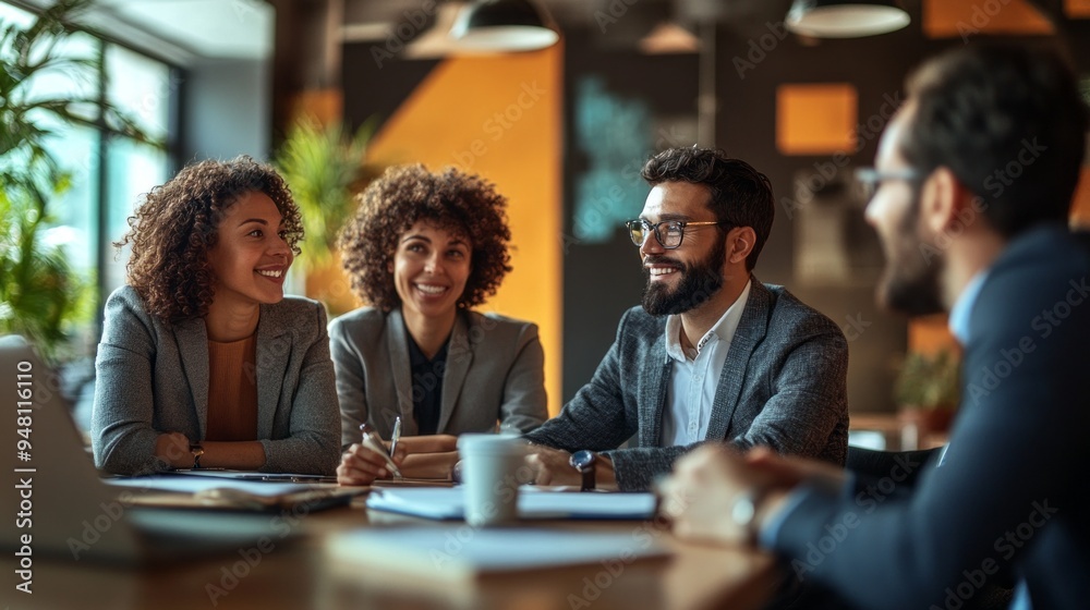 Poster a group of people are sitting around a table in a business setting