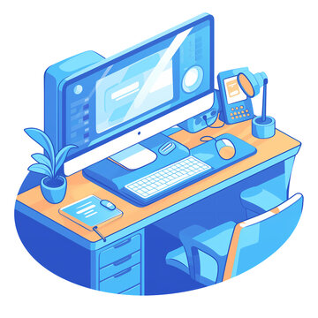 recommend clip art: a PNG file clipart drawing of a computer on a workstation in office on an isolated transparent background