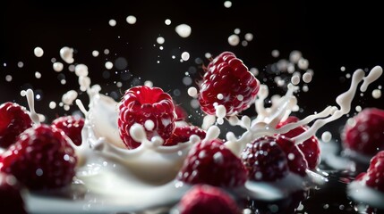 Fresh raspberry fruit with milk splash
