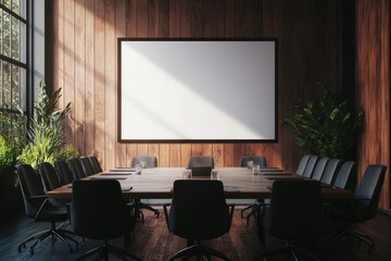 Meeting room interior with wooden furniture and black chairs in black and white