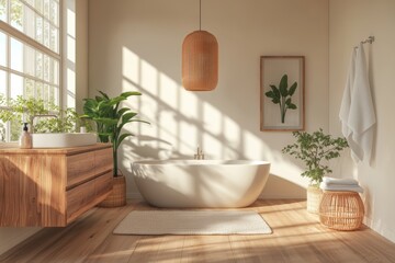 Modern minimalist bathroom with beige and white walls, white basin with oval mirror, bathtub, shower, plants, and dark parquet floor. Stock image.
