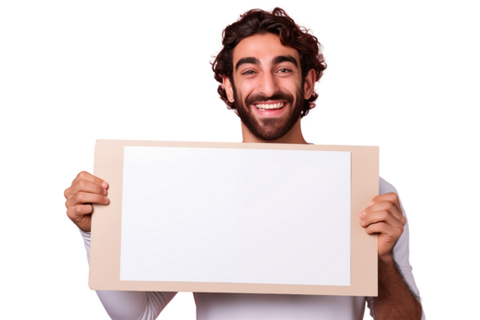 Bearded man holds a white sign on a transparent background.