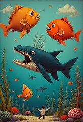 Naklejka premium Black Humor Fish Illustration | Surrealist Whale Art 