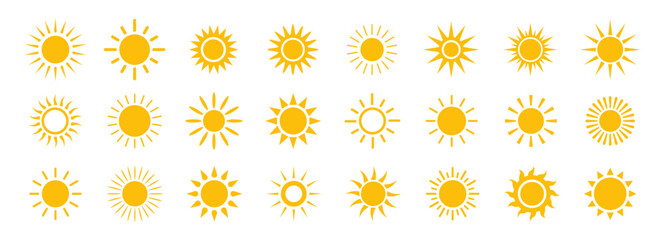 Sun icons collection. Sun logo. Yellow suns circles. Sunshine vector sign. Vector illustration