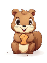 Fototapeta premium A cute cartoon squirrel is holding a cookie in its mouth