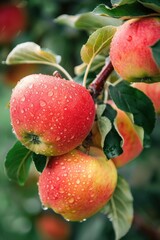 Ripe beautiful apple fruit on tree in plantation farm orchard