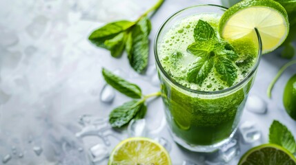 A close-up of a green juice glass with a garnish of fresh mint and a slice of lime, placed on a sleek, light-colored surface