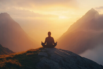 Obraz premium A serene scene of a person meditating on a mountaintop at sunrise, with soft, warm light illuminating their peaceful expression, symbolizing mental clarity, mindfulness, and inner peace.