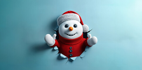 Bonhomme de neige père noël avec un chapeau et pull de Noël, isolé sur fond bleu espace vide pour du texte