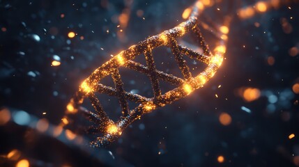 A close-up of a glowing DNA double helix in a dark, ethereal environment, showcasing intricate patterns and sparkling elements.
