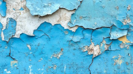 Obraz premium Close-up view of old wall texture with peeling blue paint revealing layers beneath the surface