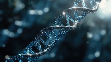 Close-up of a shimmering blue DNA double helix, highlighting its intricate structure and biological significance.