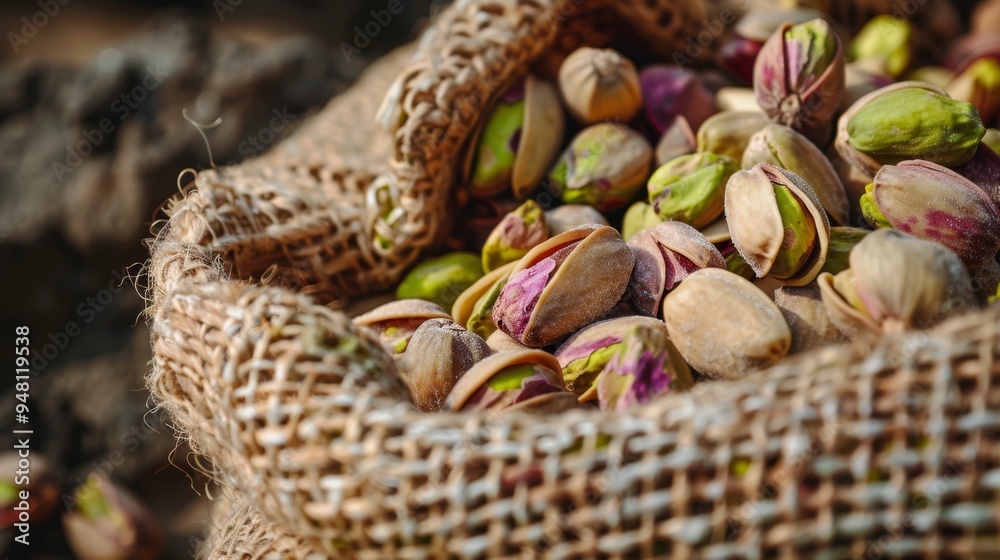 Poster a close-up view of pistachio nuts in a burlap sack, with a focus on the nuts and their natural color