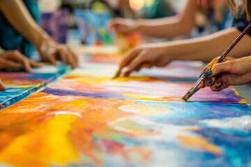 A vibrant art therapy session with individuals expressing emotions through painting, surrounded by colorful canvases, symbolizing the therapeutic power of creativity in mental health recovery