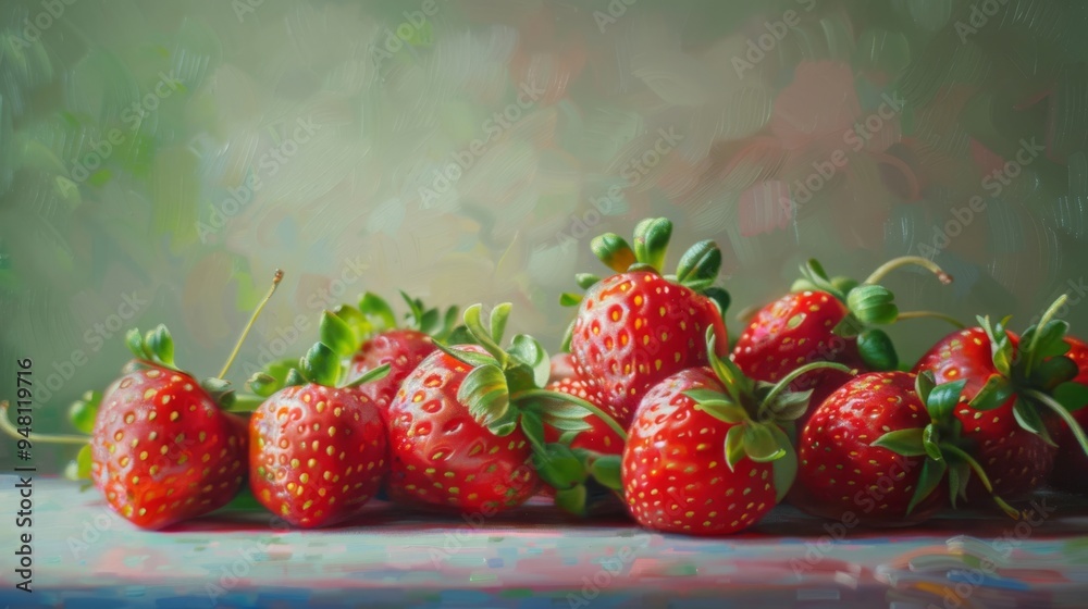 Poster a close-up view of strawberries with their green tops and red flesh prominently displayed, on a subt