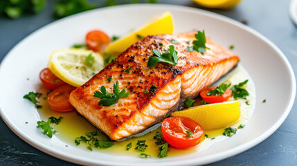 Grilled salmon fillet served with lemon wedges, cherry tomatoes, and fresh parsley on a white plate, showcasing a vibrant meal presentation