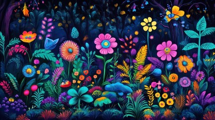A vibrant garden scene featuring colorful flowers and plants amidst a dark, enchanting background.
