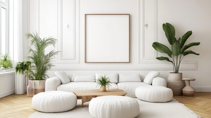 A mockup poster frame in a modern scandi living room, with white walls, a large painting, a sleek white couch, minimalist coffee table, and a natural lamp.