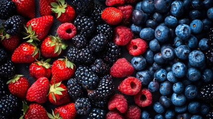 A colorful display of various berries, including red strawberries, dark blackberries, and bright blueberries, spread out to showcase their textures and hues against a clean, minimal backdrop.
