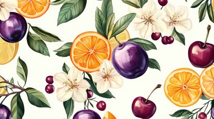 A vibrant floral and fruit pattern showcasing oranges, cherries, plums, and delicate white flowers against a light background.
