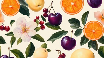 A vibrant array of colorful fruits, including oranges, cherries, and plums, beautifully arranged with floral accents.
