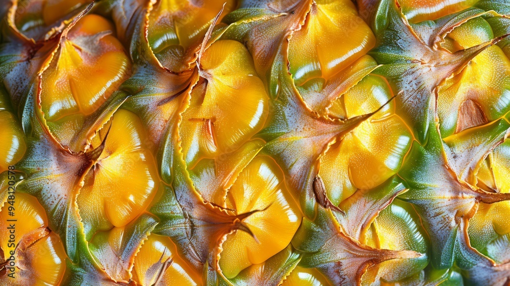 Aufkleber a detailed close-up of pineapple skin with its unique diamond pattern and vibrant colors, set agains