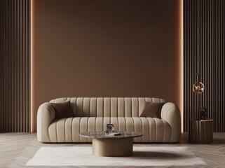 A living room in warm colors with brown beige walls, light gray lounge furniture - a sofa and table. An empty background microcement allows for a rich interior design. A mockup room designed for