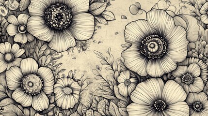 Intricately detailed black and white floral illustration featuring a variety of flowers and leaves, evoking elegance and tranquility.