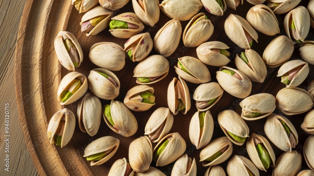 Poster a detailed close-up of pistachio nuts arranged in a pattern on a wooden platter, emphasizing their g