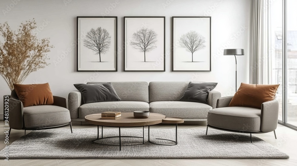 Sticker scandinavian-style wooden coffee table near white sofa and white wall with three art frames.