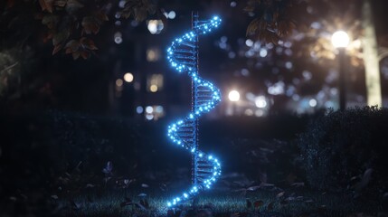 Obraz premium A glowing blue DNA double helix sculpture in a nighttime garden setting, surrounded by fallen leaves and soft bokeh lights.