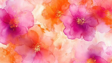 A vibrant watercolor floral pattern featuring pink and orange flowers in soft hues.