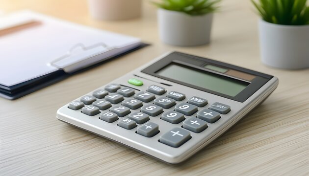 Close-up of a Silver Calculator on a Wooden Desk