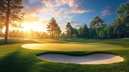 A serene golf course at sunset, featuring lush green fairways and a sand trap, creating a peaceful and picturesque scene.