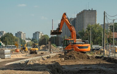 prace ziemne z wykopami przy rozbudowie dróg z użyciem koparek