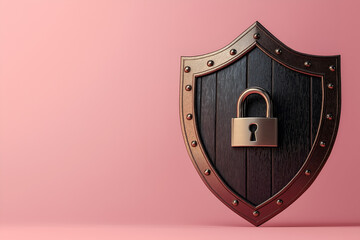 Textured wooden shield with lock icon on pink, secure data and protection concept for privacy campaigns, secure service ads, marketing security products, financial services, digital safety visuals