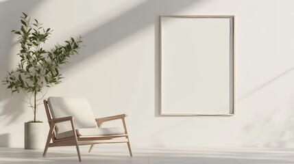 Three-dimensional mockup of a blank picture frame set in a contemporary style interior. This white lounge is dominated by a modern floor lamp, lush potted palm and blank picture frame among a range